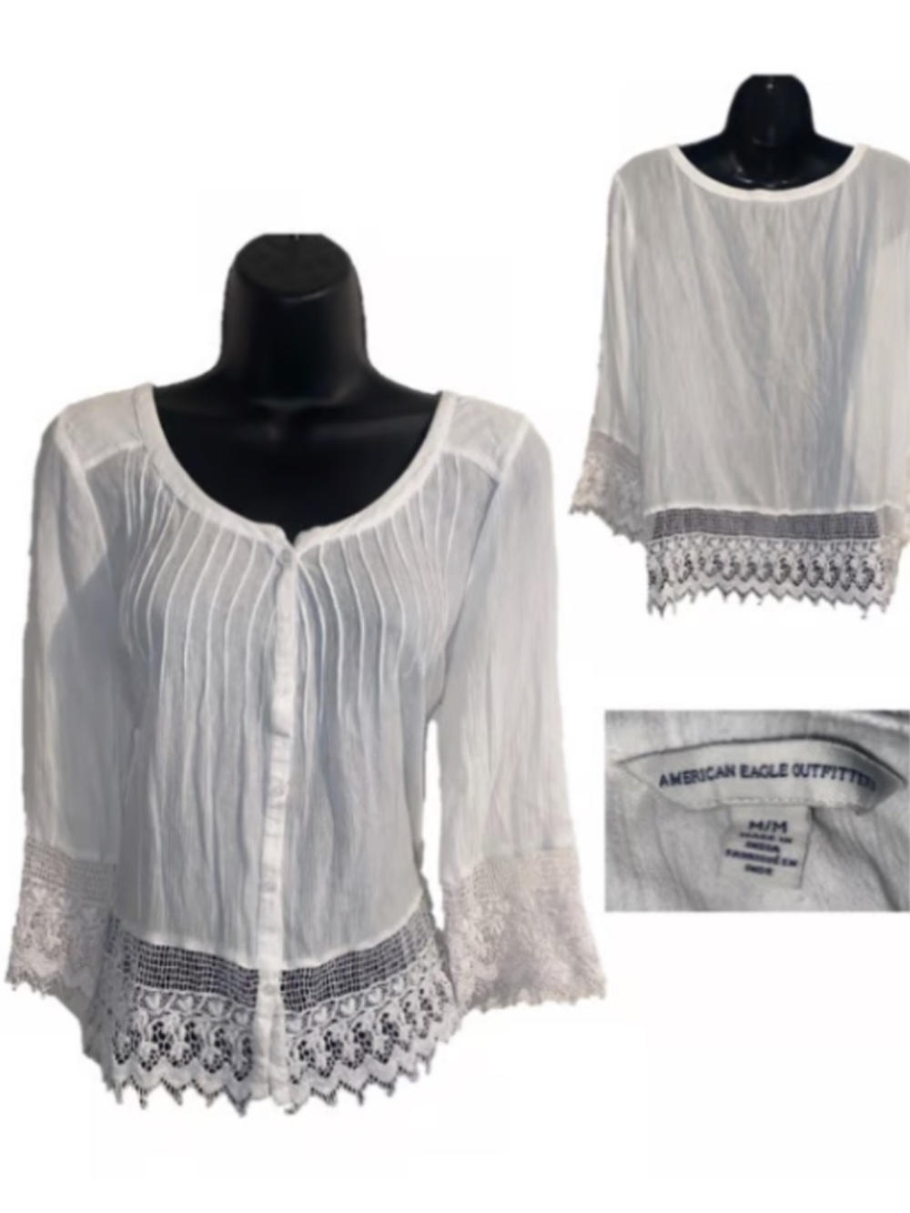 American Eagle Outfitters White Lace Trimmed Blouse M/M